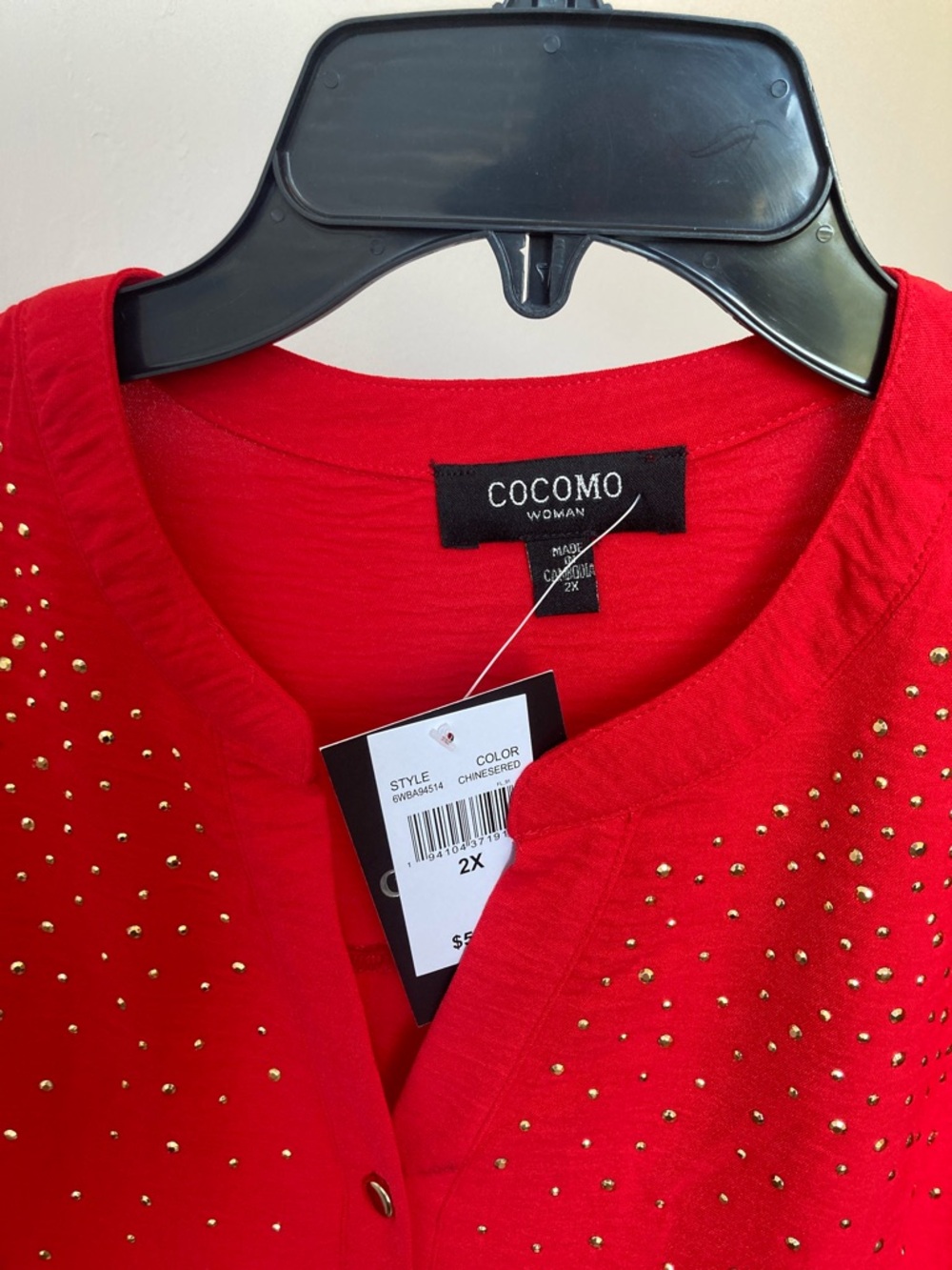Cocomo button down shirt red with gold metallic embellishments 2X - Picture 5 of 17